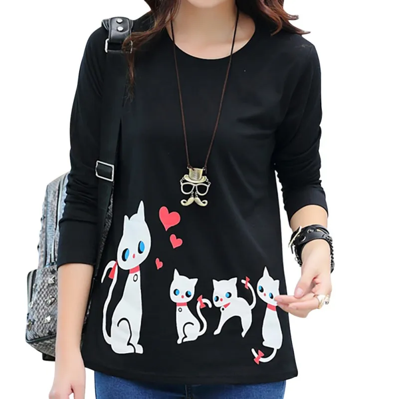 Женская футболка с круглым вырезом и принтом кошки повседневный пуловер