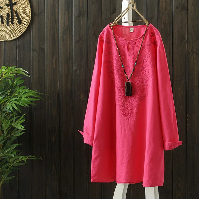 Простой топы с вышитыми цветами и льняная рубашка блузка Для женщин Повседневное