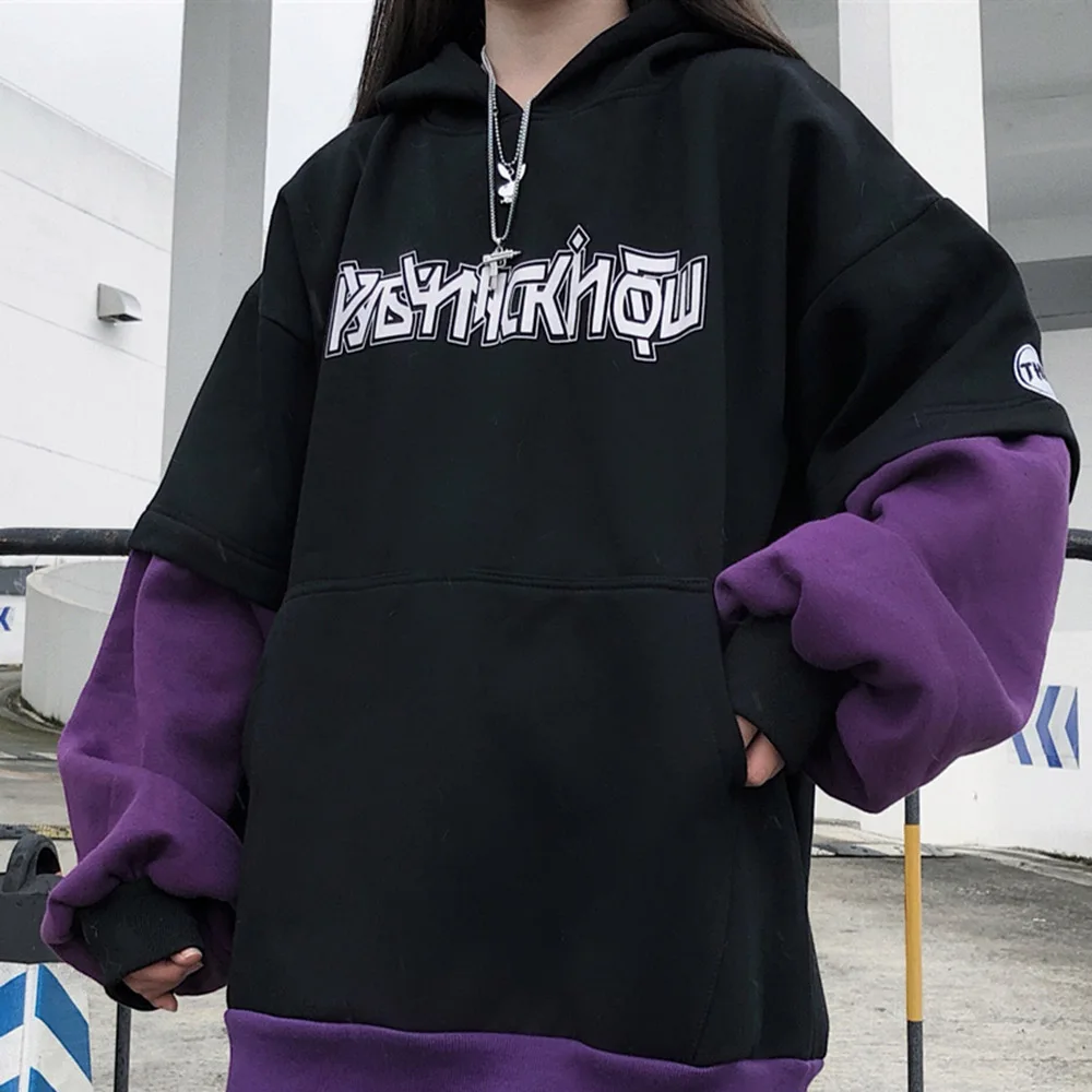 

HOT Women Winter Hoodies Oversize Hooded Thick Gothic Hoodies Warmness Harajuku Letter Patchwork Pullovers Sweatshirts School