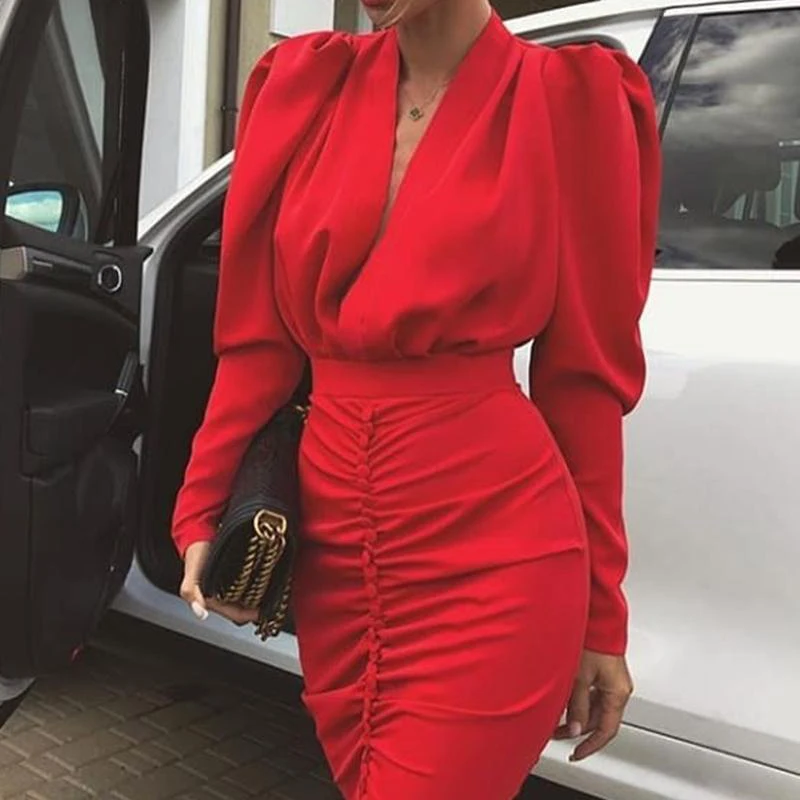 

Leg-of-Mutton Sleeve Plunge Party DRESS Women Long Sleeve V Neck Sexy Bodycon Dresses Ruched Designed Kneered Vestidos