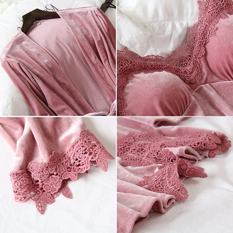 

4PCS Pajamas Suit Women Sleepwear Autumn New Nightwear Soft Nightgown Velvet Kimono Bathrobe Gown Intimate Lingerie