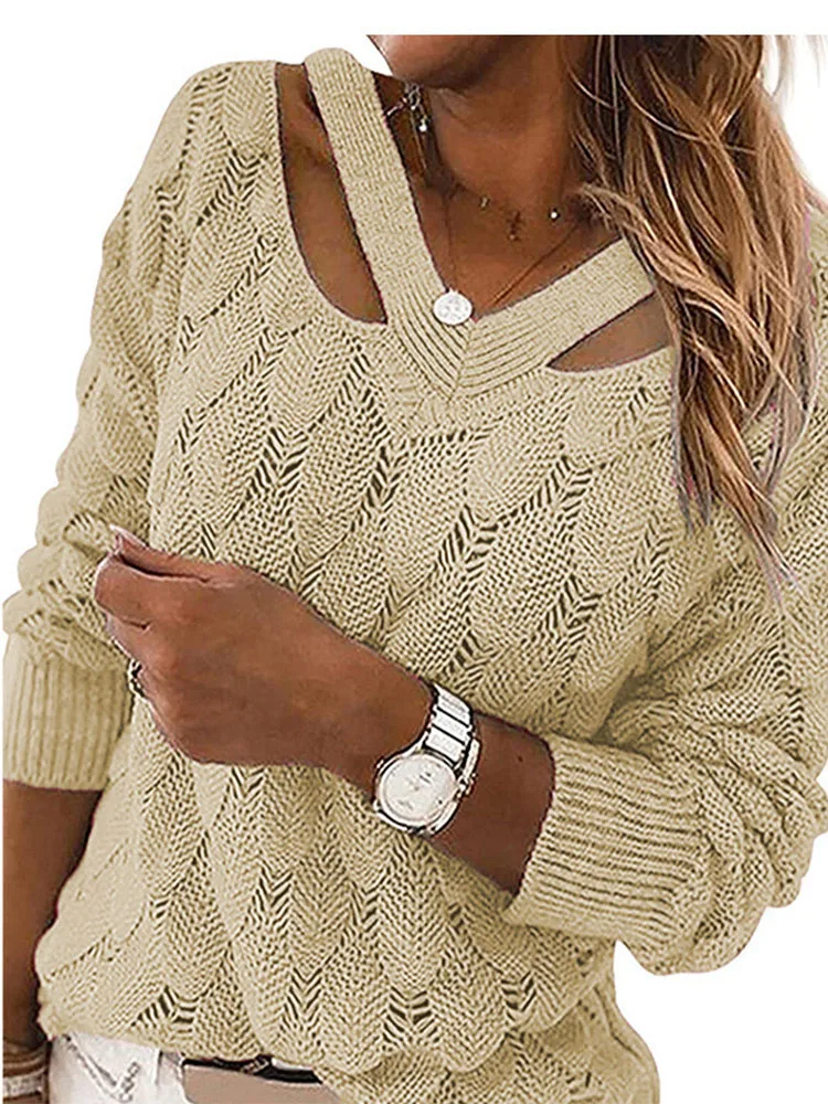 New Fashion Women Autumn Winter Sweaters Hollow Out Design See Throough V Neck Long Sleeve Solid Color Casual Loose Knitted Top
