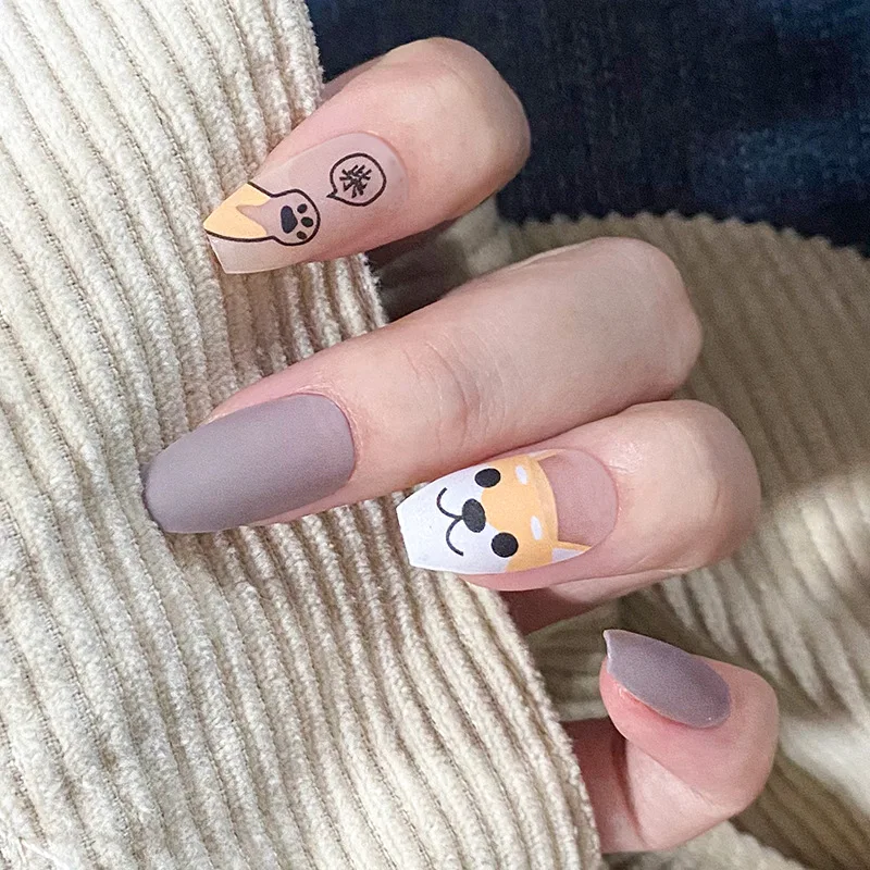 

24PCS Trapezoid Fake Nail Patch Full Cover Cute Yellow Dog Fake Nail Wearable Finished Nail Piece with Glue NE
