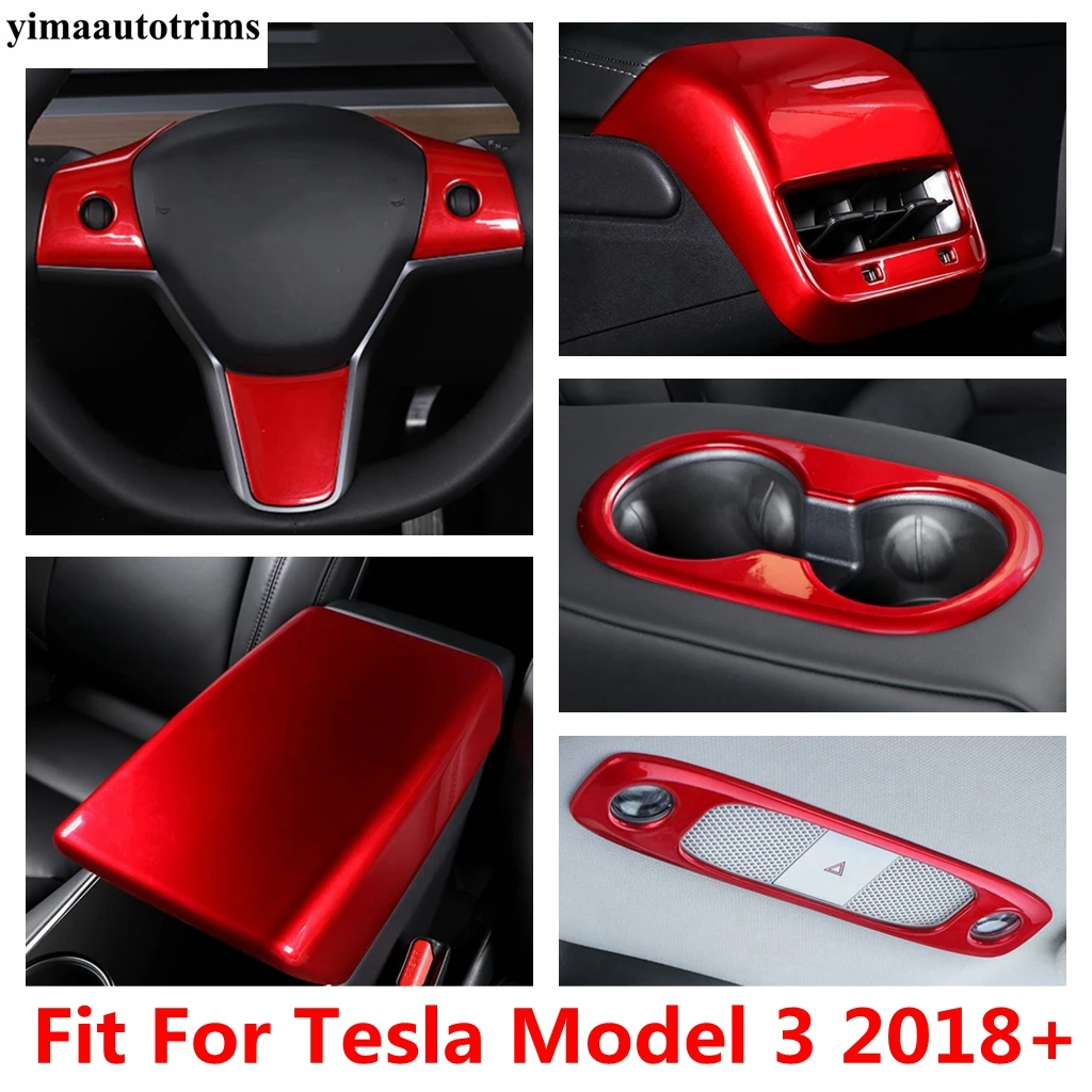 

Steering Wheel Gear Water Cup Armrest Storage Box Rear Air AC Vent Cover Trim Red ABS Accessories For Tesla Model 3 2018 - 2021