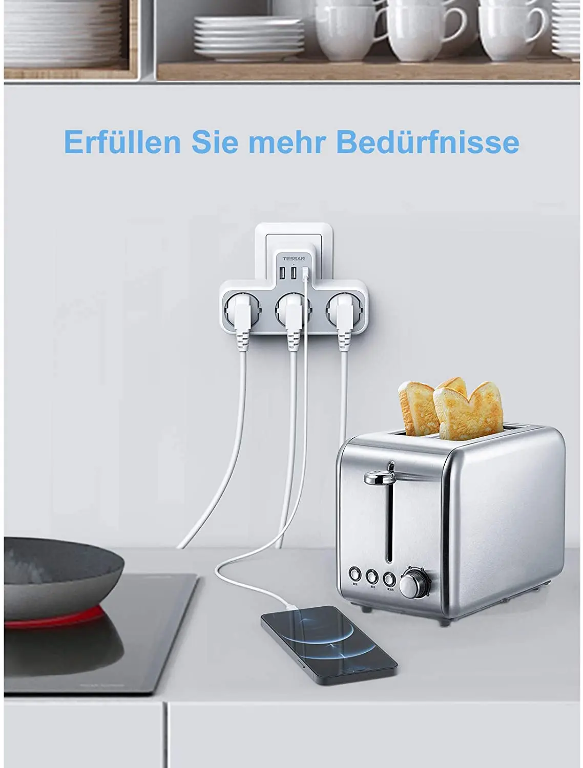 TESSAN EU Standard Plug Power Strip with 3 USB Ports &amp AC Outlets Multi Extender Wall Socket Adapter Type-E/F |