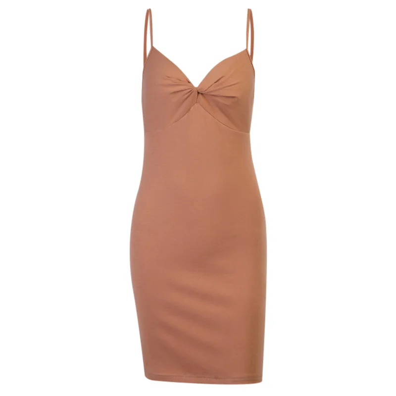

Beyouare Sexy Elegant Women Dress V-Neck Sleeveless Knotted Spaghetti Skinny Dress 2021 Summer Solid Fashion Female Mini Dresses