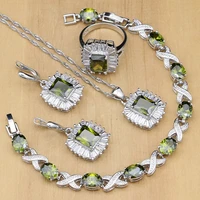 square olive green zircon 925 silver jewelry sets for women party earringspendantringsbraceletnecklace set dropshipping