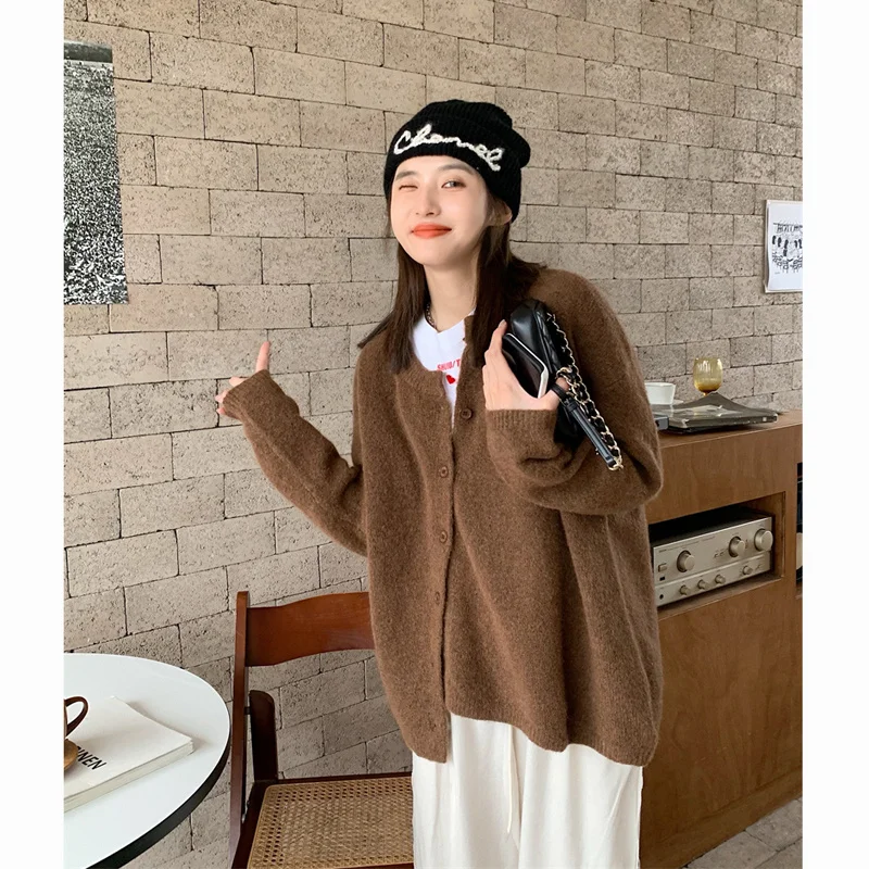 

Женская нестандартная диагональная Осенняя Свободная верхняя одежда в Корейском стиле Нежный свитер в стиле ретро кардиган пальто