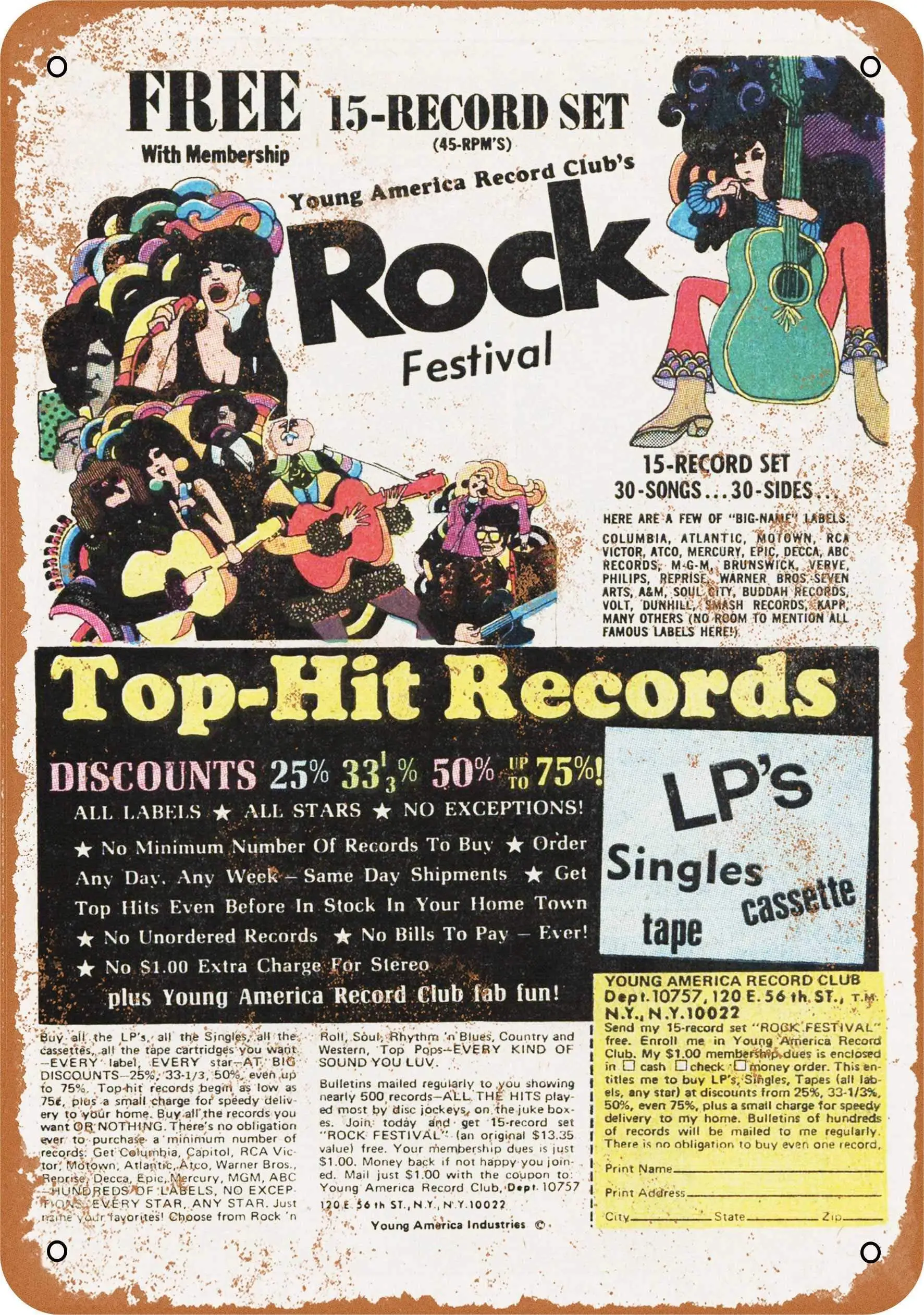 

SLALL 1970 Young America Record Retro Street Sign Household Metal Tin Sign Bar Cafe Car Motorcycle Garage Decoration