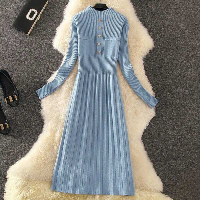 

Облегающее однотонное женское платье на пуговицах, вязаное платье до колена на осень и зиму, Свободные корейские женские платья, платья