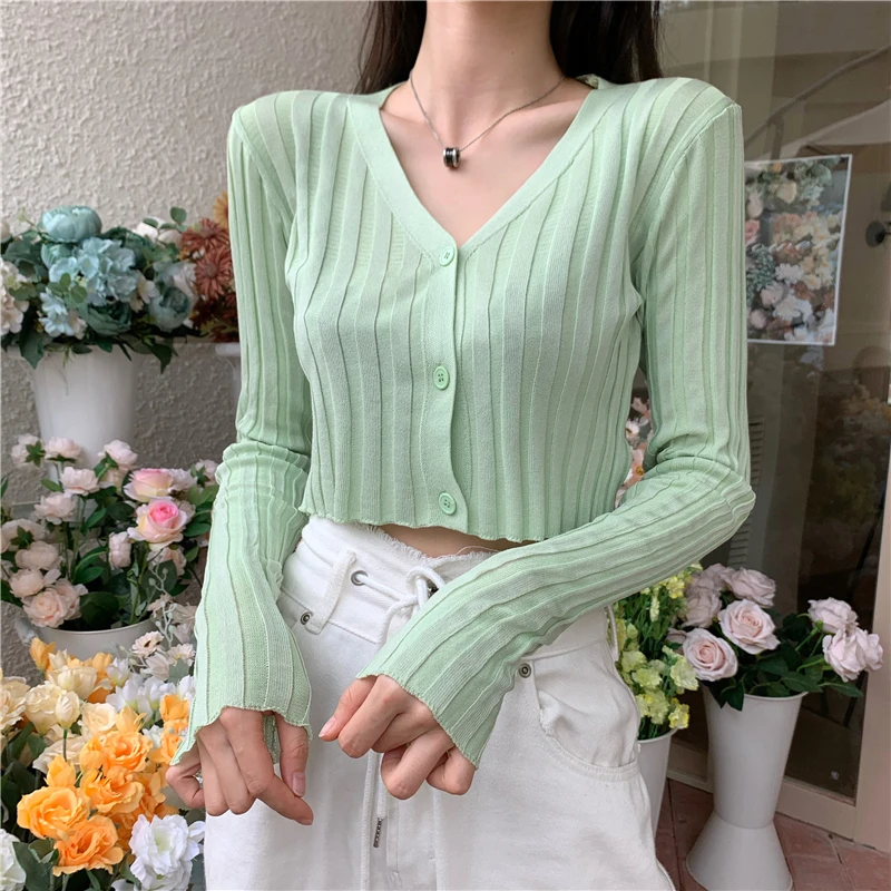 

Short Women Clothing 2021 Cardigan Fashion Sleeve Korean Style O-Neck Thin Sun Protection Crop Top Ropa Mujer Knitted Sweaters