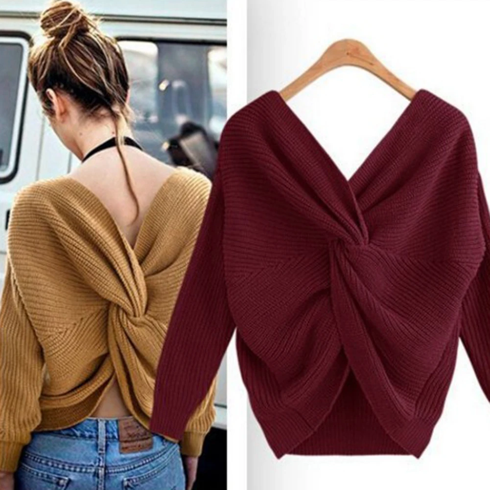 Autumn Winter Sweater Women Twisted Backless Jumpers Solid Color S-liming V Neck Jumper | Женская одежда