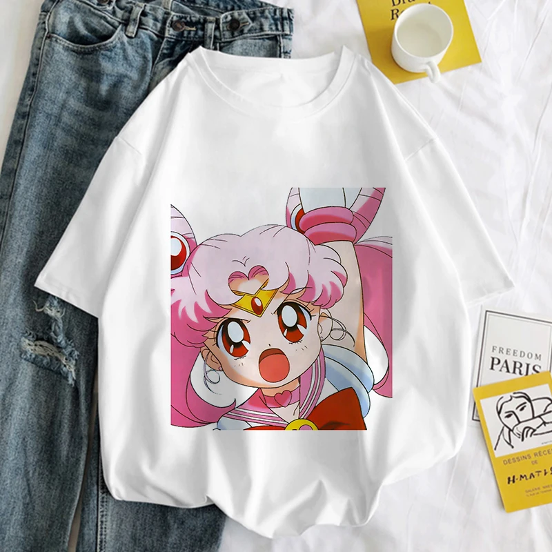 

Japan Anime Ullzang Plus Size Female T Shirt Sailor Moon Kawaii Graphic Print T-shirt Women Harajuku Aesthetic White Tops Tshirt