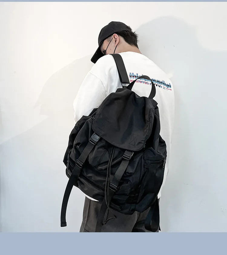 

Large Capacity Black Nylon Waterproof Backpack Drawstring Shoulder Bag Men Travel Backpack Student School Bags 2021