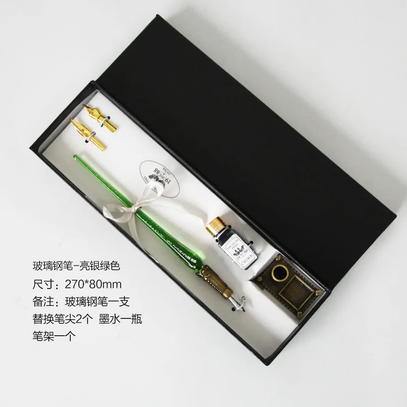 Bright silver green Стеклянная ручка канцелярские принадлежности ручка Подарочная коробка набор студенческие цветные чернила ручной кристалл ручка офисная школьная каллиграфия Подарочная коробка с ручками - Цвет: Bright silver green