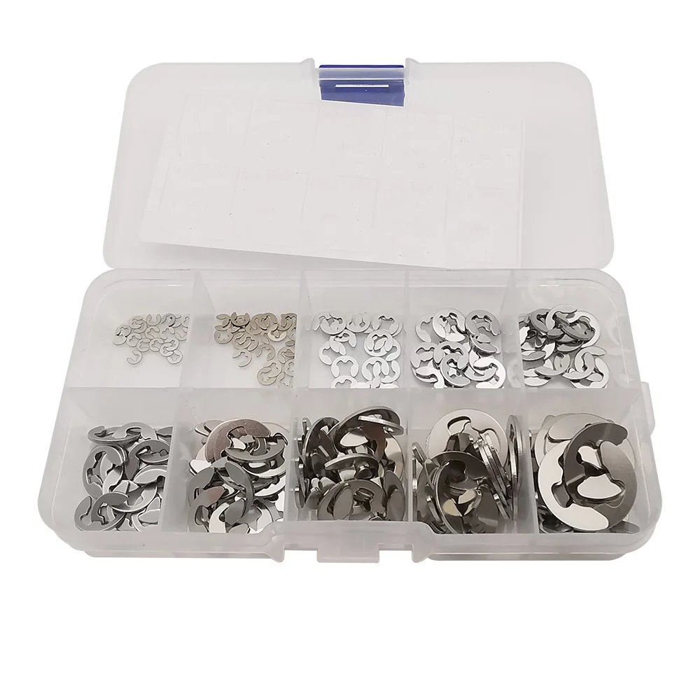 

200Pcs E-type Clip 304 Stainless Steel Circlip Retaining Ring Washer Assortment Kit M1.5~M10 for Shaft Fastener