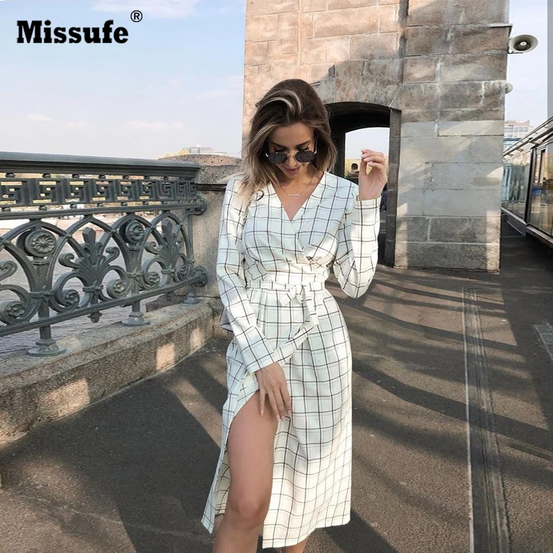 Missufe женское клетчатое облегающее платье 2019 осень-зима с v-образным вырезом и