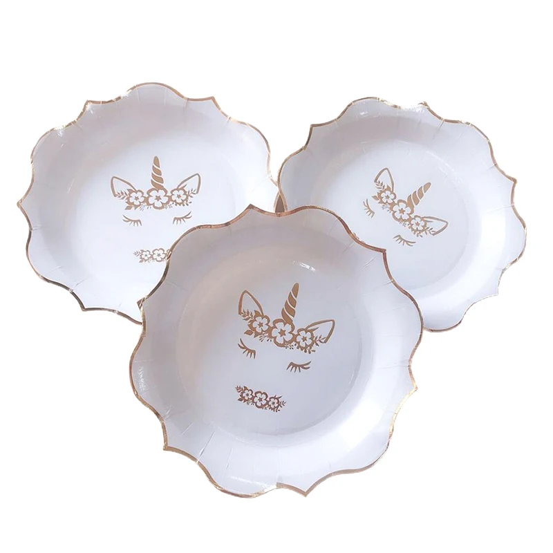

Cute Cartoon Disposable Bronzing Unicorn White Paper Tableware Paper Plate Cup Napkin Set Children Birthday Party Baby Shower