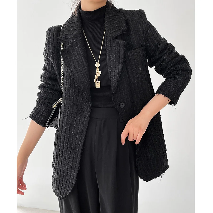 Новые твидовые куртки пальто Переплетенные на осень 2022 черная шерстяная