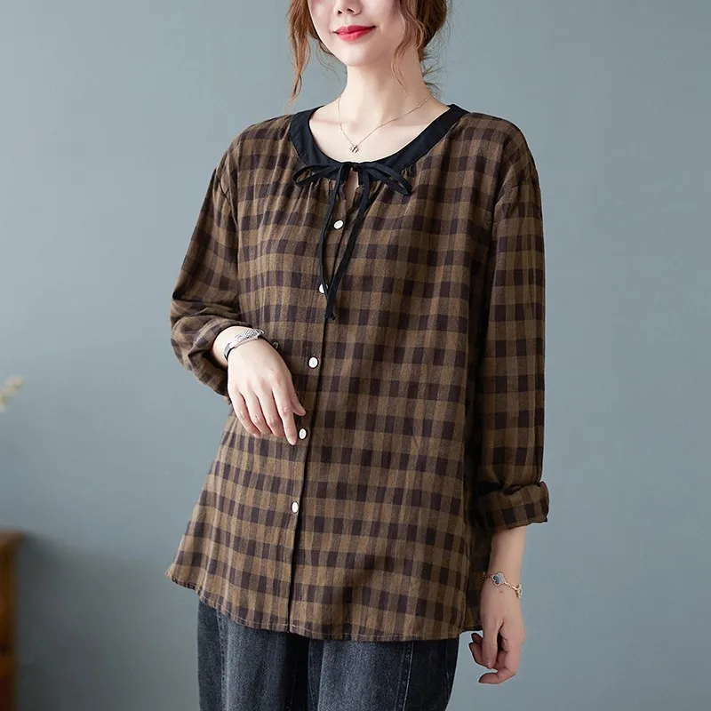 

Женские рубашки с длинным рукавом из хлопка и льна, Новинка осени 2021, винтажный стиль, о-образный вырез, клетчатый принт, свободные женские п...