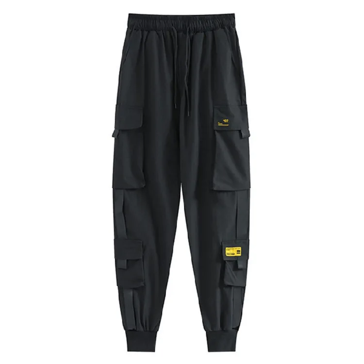 

Women Cargo Pants Black Ribbon Pocket Jogger Elastic Waist High Streetwear Harajuku Punk Females Trousers Harem Pants
