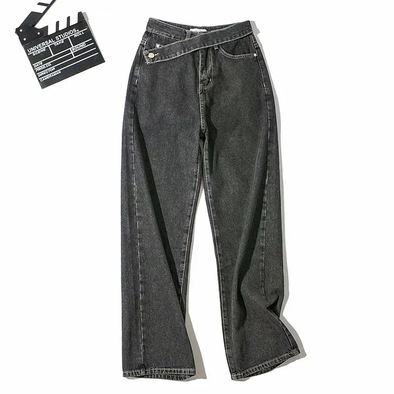 

Women high waist jeans pant loose solid denim jeans pants Button Autumn Oblique belt retro ladies zipper blue denim Floor pants