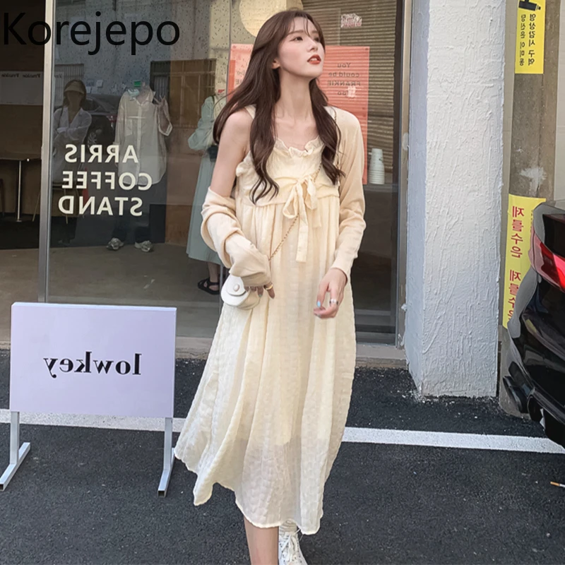 

Korejepo Women 2 Piece Set 2021 Early Autumn New French Sweet Gentle Temperament Fairy Suspender Long Dress Short Cardigan Coat