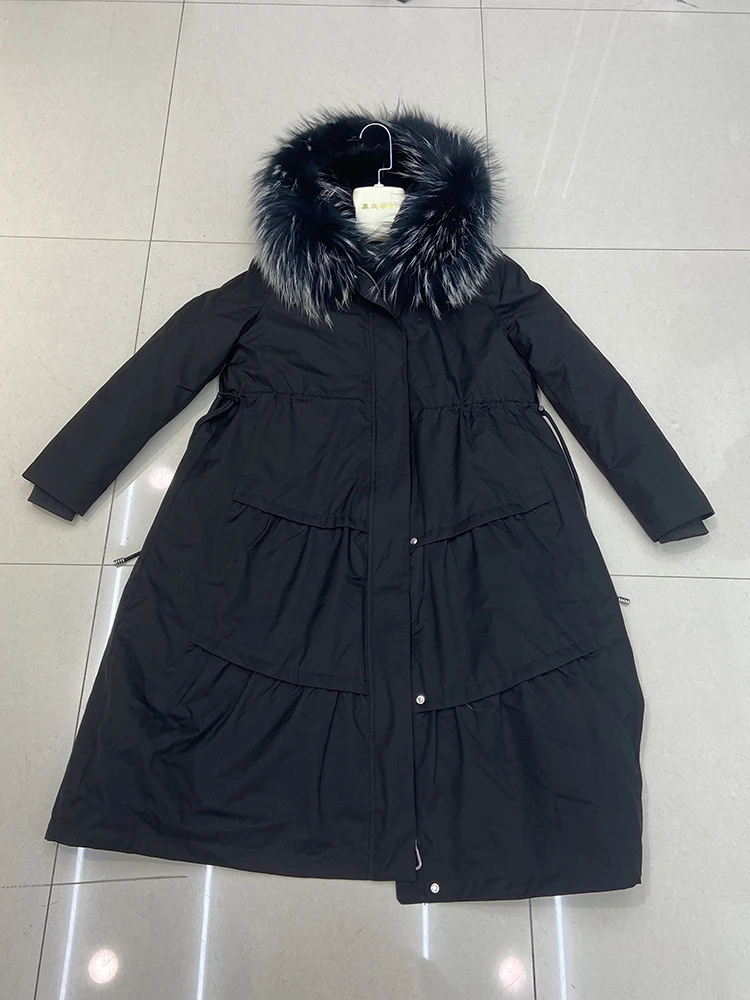 2021 Female Winter Thick Real Raccoon Fur Collar Real Rabbit Fur Lining Parka Women Fur Jacket 105cm Long Slim Warm Coat