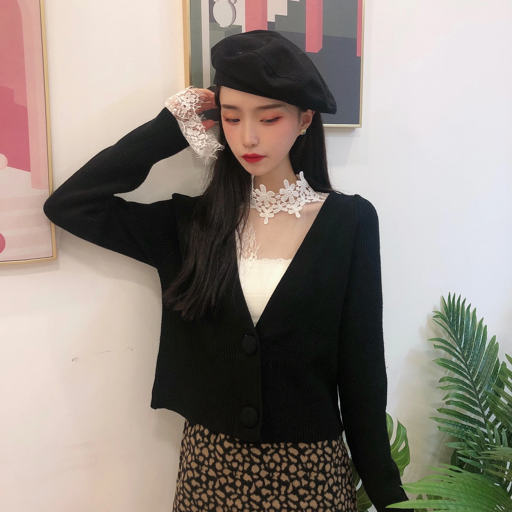 Женский Укороченный кардиган TingYiLi элегантный вязаный в Корейском стиле бежевый