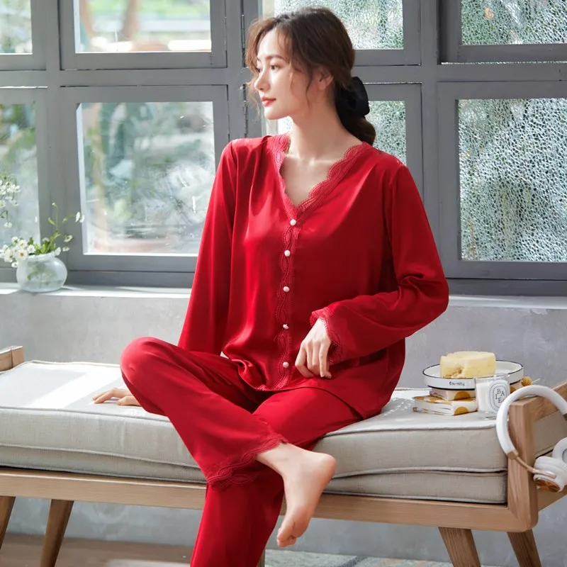 

Lace Women Pajamas Set Faux Silk Sleepwear Casual Solid 2 Piece Suit Shirt&Pants 2021 New Nightwear Lounge Wear Soft Nightgown