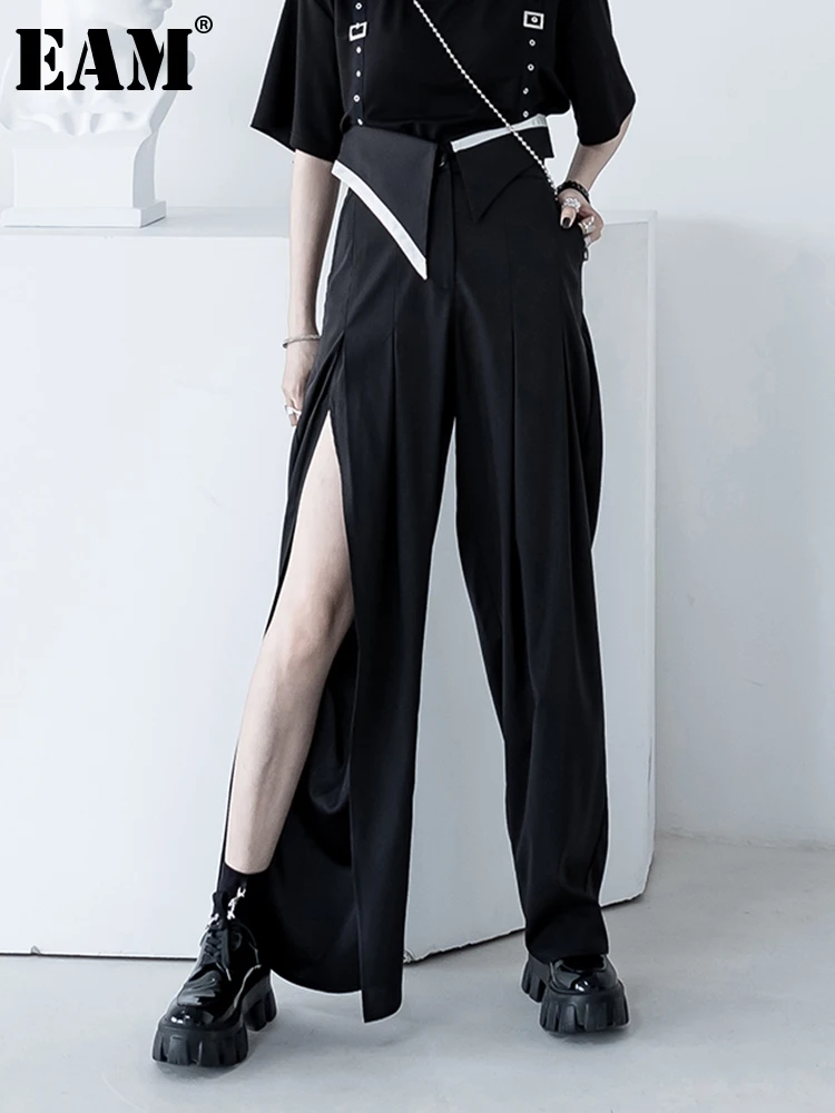 

[EAM] Черные Асимметричные Длинные широкие брюки с высокой талией новые свободные облегающие брюки женские модные весенне-летние 2021 1DE0973