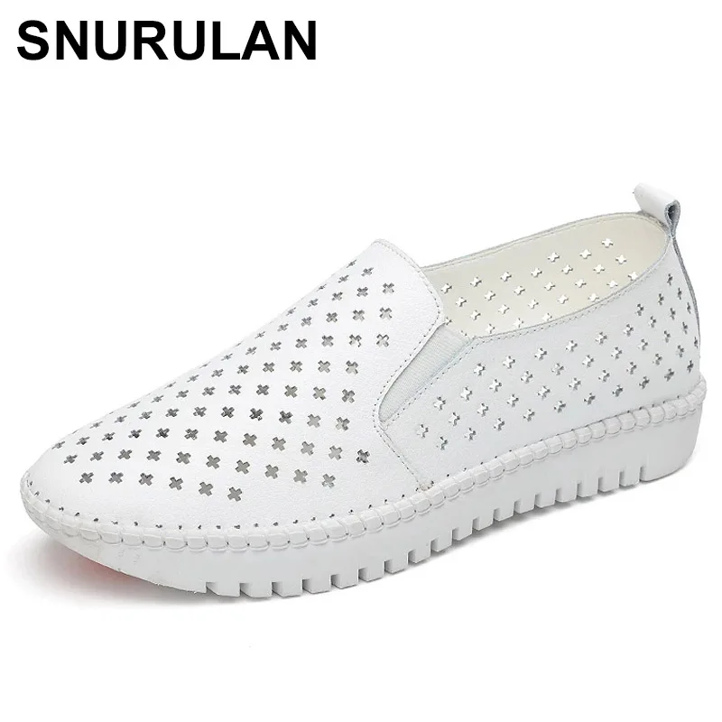 

SNURULAN Genuine Leather ladies flats sneakers shoe Women casual loafers shoes female Hollow moccasins White Lace up canvas Boat