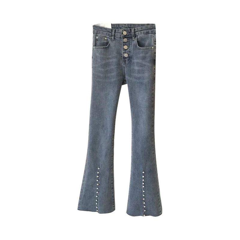 

Flare Jeans For Women Summer New High Waist Solid Beaded Pocket Slim Sexy Club Style Female Pants Top Quality