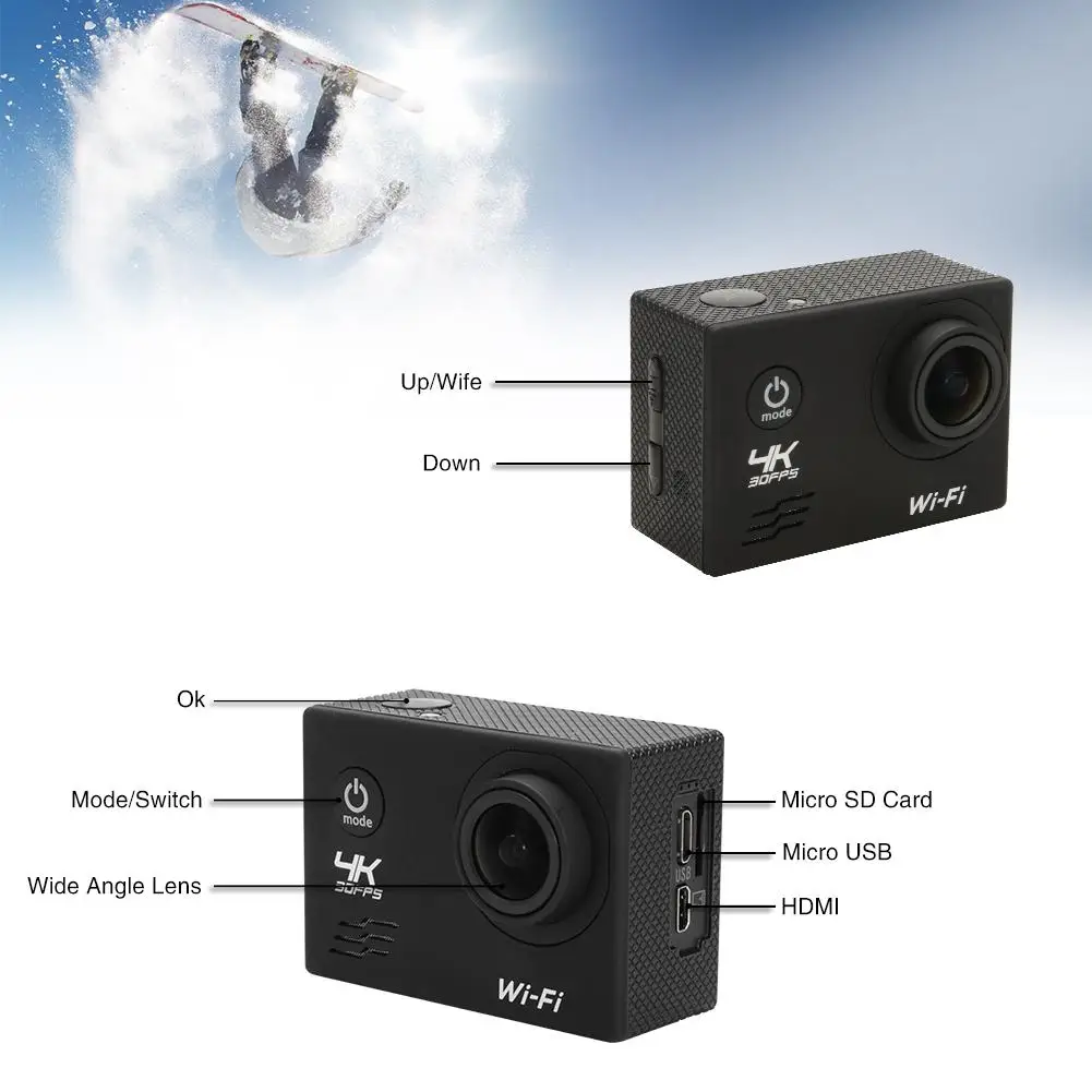 Продажа Экшн-камера HD, водонепроницаемая камера 2,0 дюйма, фотокамера HD, экстремальные виды спорта, DV-камера, новички, аксессуары