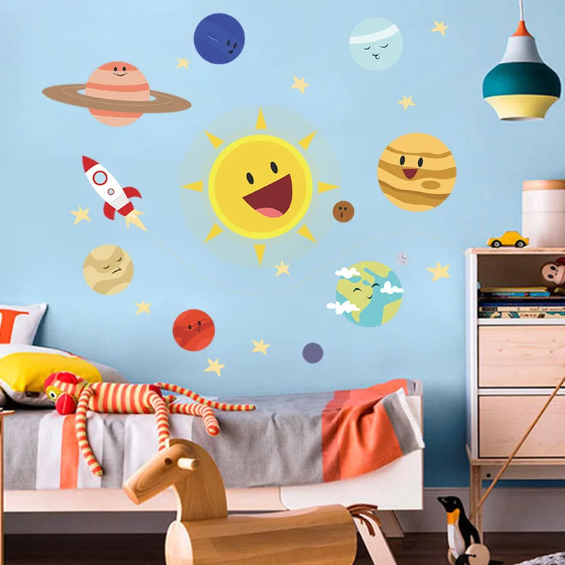 

Solar Space Rocket Cartoon Wallpaper Baby Room Puzzle Wall Stickers Kids Room Eco Friendly Wall Decoa For Nursery Decoration