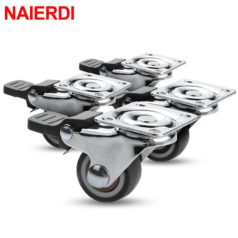 NAIERDI 4PCS TPR Soft Rubber Swivel Casters Wheels Heavy Duty Roller Trolley Caster With Brake for Furniture Platform Trolley