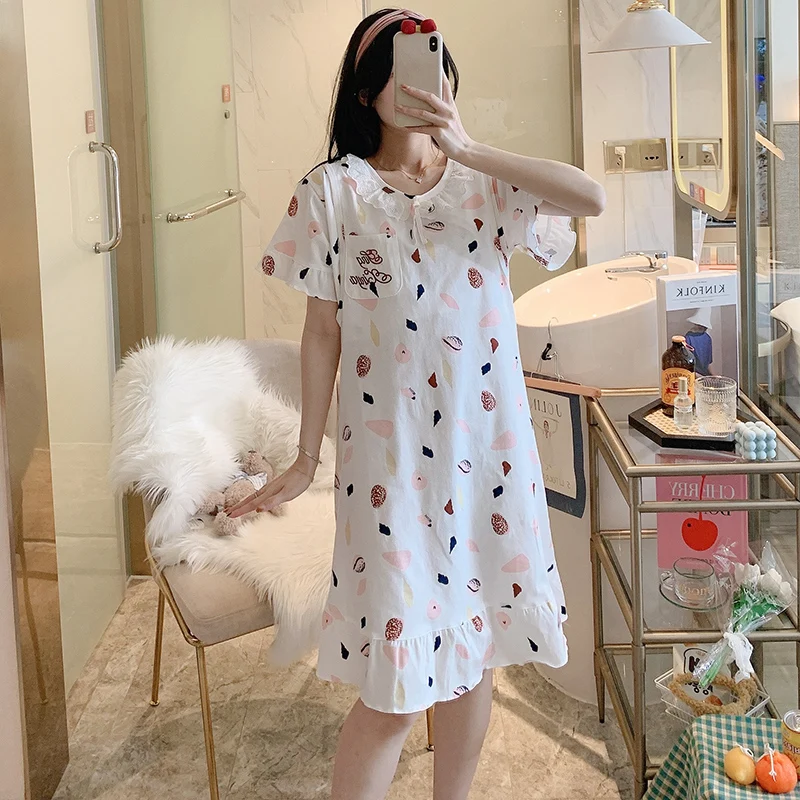 

881# Sweet Thin Printed Cotton Maternity Nursing Night Dress Loose Feeding Sleepwear for Pregnant Women Summer Pregnancy Home