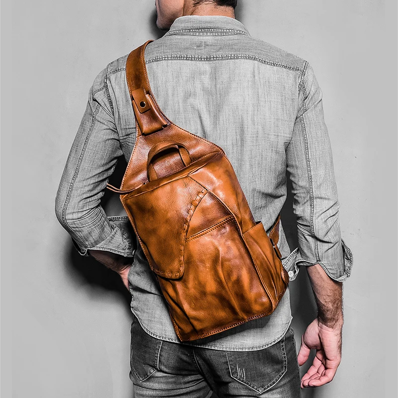 Абрикос Винтажная сумка из натуральной кожи мужская сумка bolsas слинг нагрудная сумка для мужчин сумка через плечо мессенге сумка на плечо слинг груди пакет сумка - Цвет: Абрикос