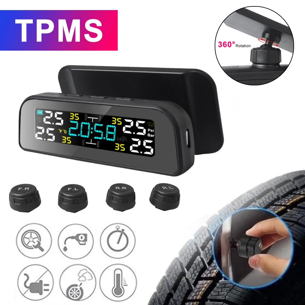 

TPMS Solar Car Tire Pressure Monitoring System Alarm Auto Security with Tyre Pressure External Sensor TMPS