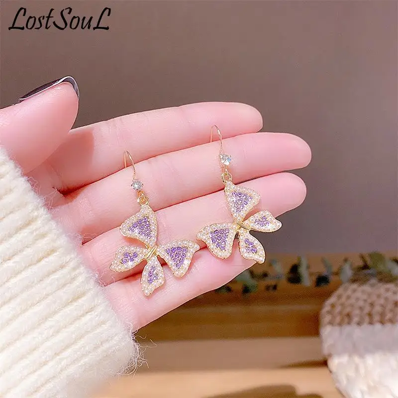 

New Korean Exquisite Bow Crystal Pendant Earrings14k Real Gold Fashion Versatile Drop Earrings Elegant Ladies Banquet Jewelry