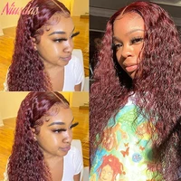 99j deep wave frontal wig 13x4 burgundy lace front wig for women human hair bleached knots pre plucked with baby hair niusdas