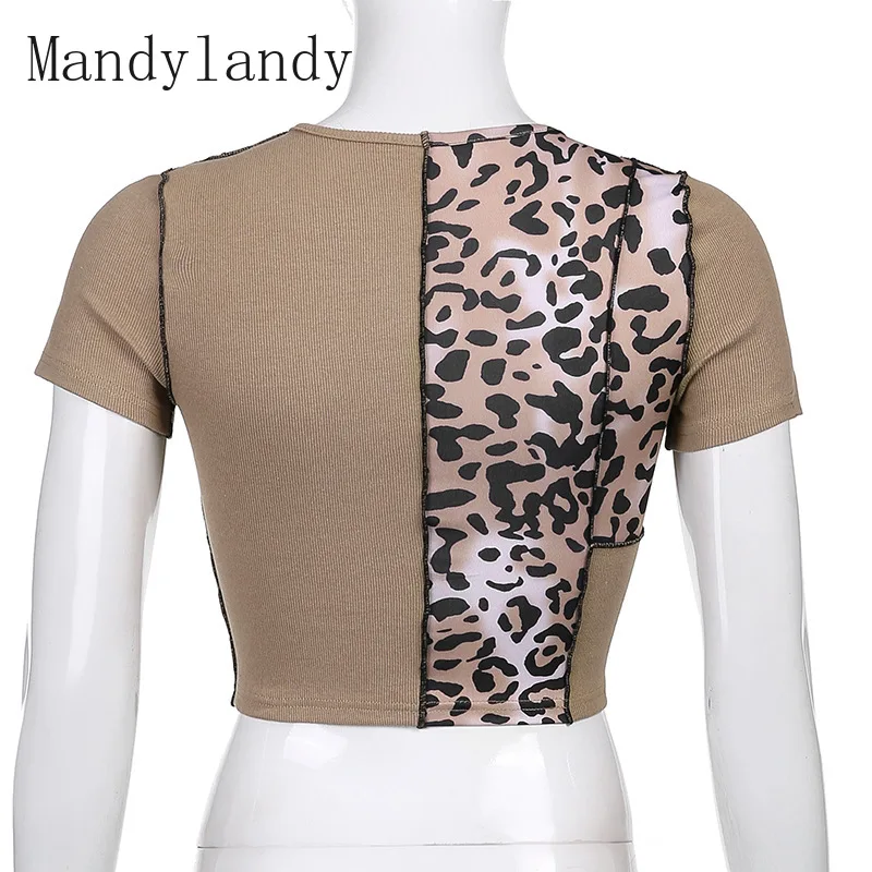

Mandylandy Women Sexy Leopard Patchwork Skinny Crop Top Shirt Lady Vintage Short Sleeve O Neck Slim Fit Bottoming T-shirt