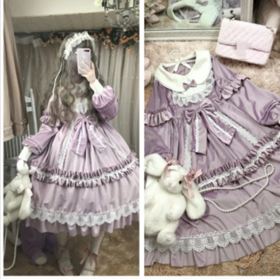 

Kawaii/готическое платье лолиты для девочек; Осень-зима; милое платье принцессы в стиле Лолиты; винтажное кружевное платье с бантом и воротнико...