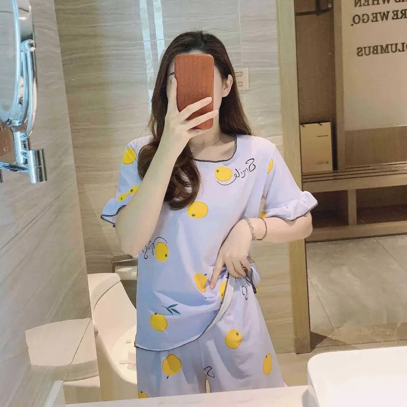

Pajamas Set for Women Summer Alphabet Fruit Print Short Sleeve Loose Sleepwear Set Female Round Neck Pajamas Home Wear Set