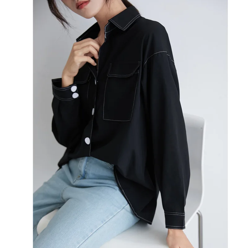 Женская свободная рубашка весна осень 2019 длинный рукав отложной воротник