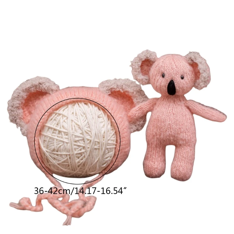 

N7ME 2 Pieces Newborn Infant Knitted Beanie Hat with Stuffed Animal Koala Doll Toy Set Baby Bonnet Photography Prop