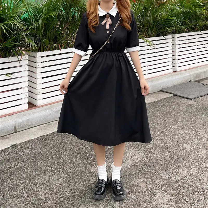 

Japanese College Style Summer Dress Girl Sweet Kawaii Bow Dress Short Sleeve Mori Girl Woman Maxi Dress Black Blue Green 2021