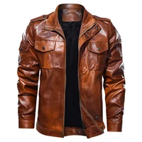mens autumn winter military bomber fleece pu leather jacket stand collar motorcycle washed faux leather jacket male outewr coat