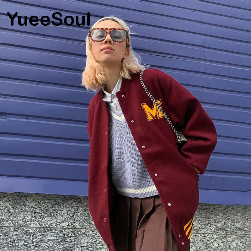 

Женская винтажная куртка с длинным рукавом, красная однобортная свободная повседневная куртка с круглым вырезом и буквенным принтом, Y2K, ве...