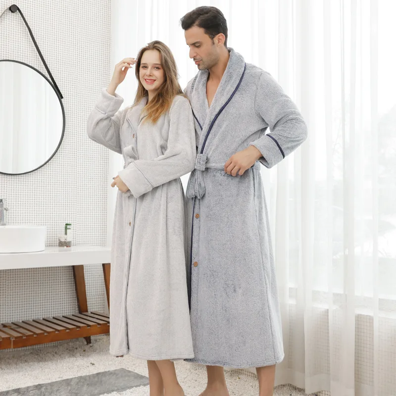 

FZSLCYIYI Winter Solid Color Couple Sleepwear Men Women Flannel Hooded Bathrobe Coral Fleece Pajamas Night Gown Bride Robe